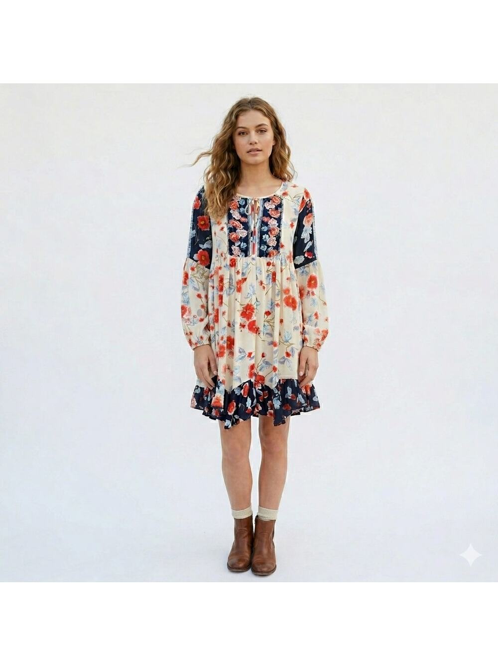 Patrons of Peace Patchwork Floral Babydoll Dress XS Americana Boho Summer 4th